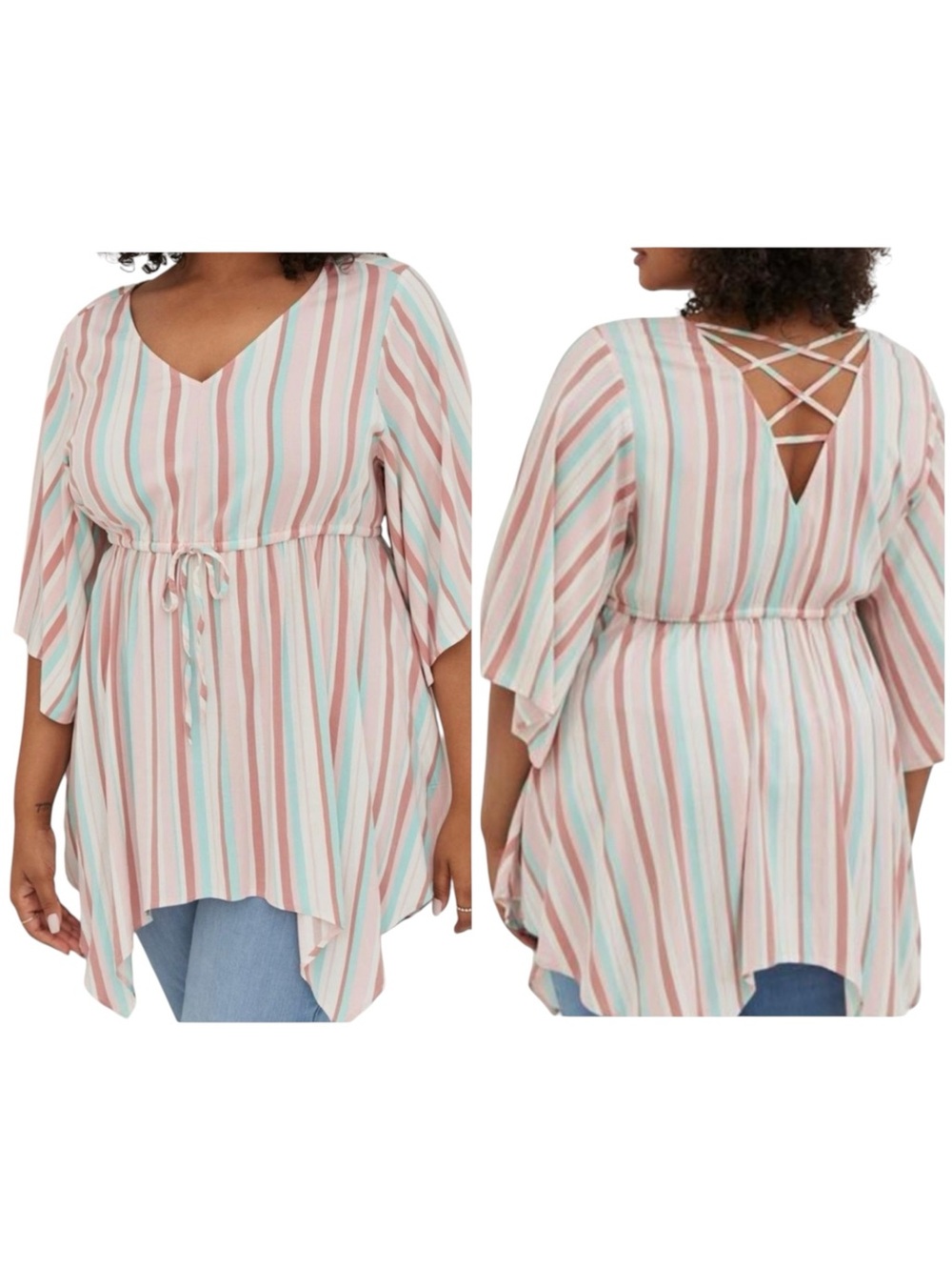 Torrid Pastel Striped V-Neck Drawstring Tunic Babydoll Crisscross Back Size 5